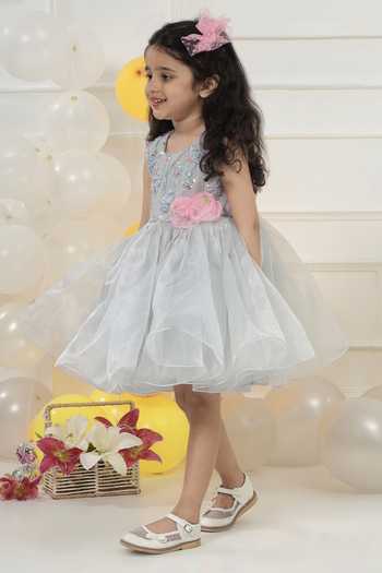 Little Bansi_Grey Georgette Floral Sequin Frock Dress _Online_at_Aza_Fashions