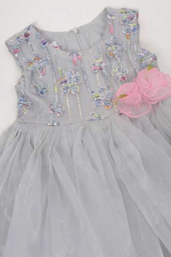 Buy_Little Bansi_Grey Georgette Floral Sequin Frock Dress _Online_at_Aza_Fashions