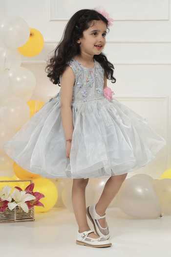 Little Bansi_Grey Georgette Floral Sequin Frock Dress _at_Aza_Fashions