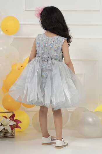 Shop_Little Bansi_Grey Georgette Floral Sequin Frock Dress _at_Aza_Fashions