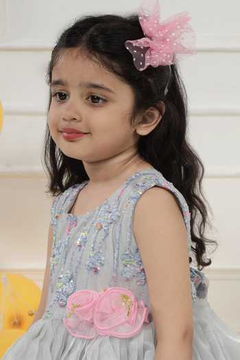 Little Bansi_Grey Georgette Floral Sequin Frock Dress _Online