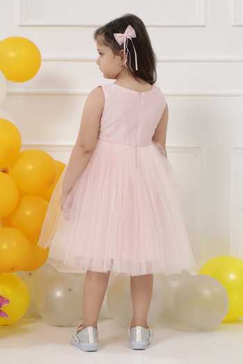 Shop_Little Bansi_Pink Net Beads And Sequinned Butterfly Frock Dress _at_Aza_Fashions
