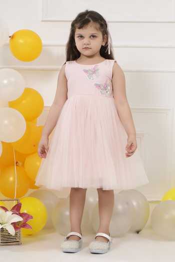 Little Bansi_Pink Net Beads And Sequinned Butterfly Frock Dress _Online_at_Aza_Fashions