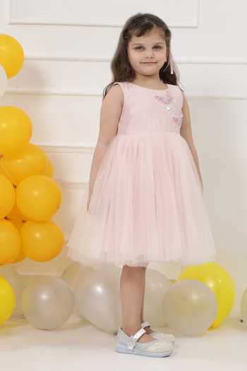 Buy_Little Bansi_Pink Net Beads And Sequinned Butterfly Frock Dress 