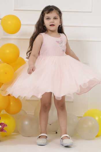 Shop_Little Bansi_Pink Net Beads And Sequinned Butterfly Frock Dress 