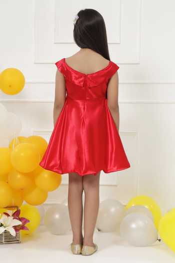 Shop_Little Bansi_Red Satin Off Shoulder Frock Dress _at_Aza_Fashions