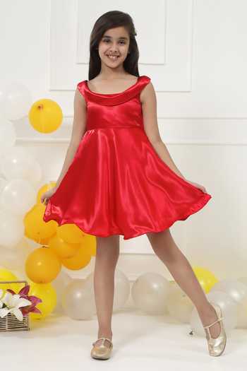 Little Bansi_Red Satin Off Shoulder Frock Dress _Online_at_Aza_Fashions