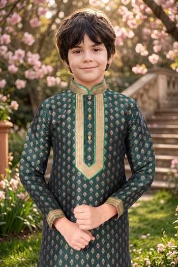 Buy_Petite Pomme_Green Silk Boys Jaquard Kurta And Art Pant Set _Online_at_Aza_Fashions