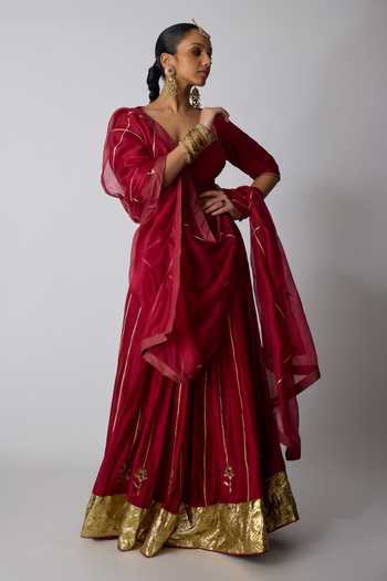 Buy_Rhua_Maroon Chanderi , V-neck Radha Gota Bordered Lehenga Set _at_Aza_Fashions