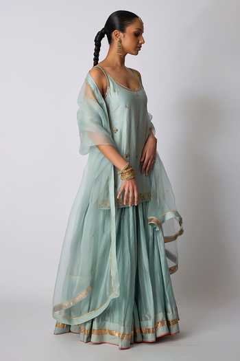 Rhua_Blue Chanderi , Organza Scoop Neck Kayani Embroidered Kurta Sharara Set _Online