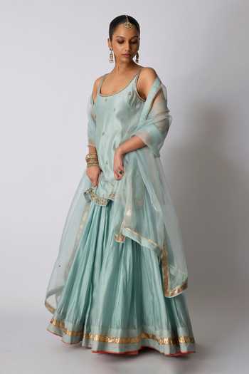 Buy_Rhua_Blue Chanderi , Organza Scoop Neck Kayani Embroidered Kurta Sharara Set _Online