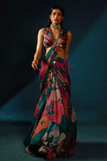Buy_Basil Leaf_Multi Color Chiffon Tassels, Sequins Embellished Pre-draped Saree With Blouse _at_Aza_Fashions