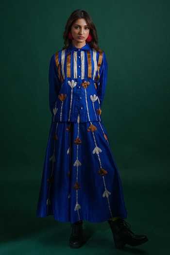 Buy_KA-Sha_Blue Chanderi Collared Neck Kama Shirt _Online_at_Aza_Fashions