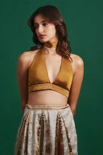 Buy_KA-Sha_Gold Chanderi Halter , Choker Zaveri Eden Bustier _at_Aza_Fashions