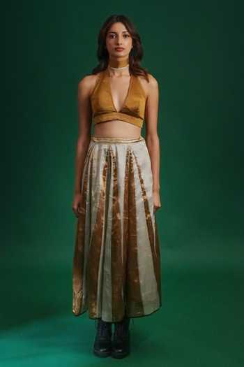 Shop_KA-Sha_Gold Chanderi Halter , Choker Zaveri Eden Bustier _Online_at_Aza_Fashions