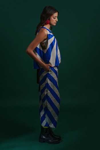 Buy_KA-Sha_Blue Chanderi Mandarin Collar Urja Waistcoat _Online_at_Aza_Fashions