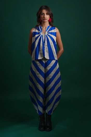 Shop_KA-Sha_Blue Chanderi Mandarin Collar Urja Waistcoat _Online_at_Aza_Fashions
