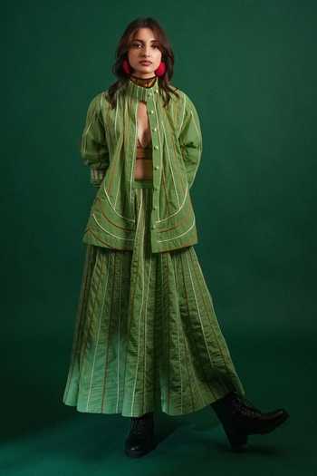 KA-Sha_Green Cotton Mandarin Collar Mash Jacket _Online_at_Aza_Fashions
