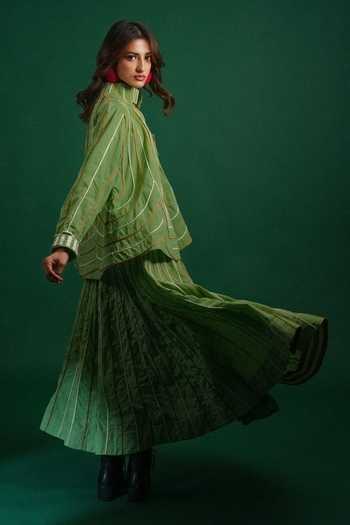Buy_KA-Sha_Green Cotton Mandarin Collar Mash Jacket _Online_at_Aza_Fashions