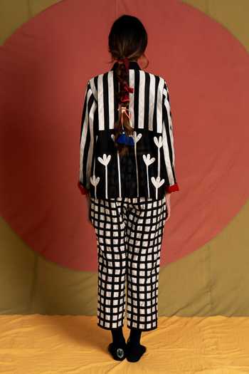 Shop_KA-Sha_Black Chanderi Grid Applique Pant _at_Aza_Fashions