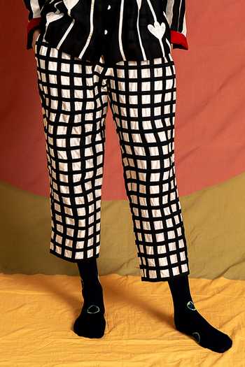 KA-Sha_Black Chanderi Grid Applique Pant _at_Aza_Fashions