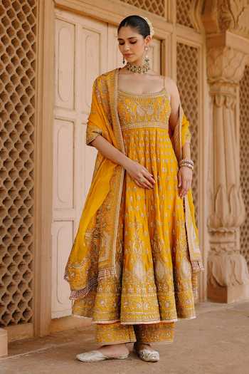 Shop_Sheetal Batra_Yellow , Chanderi, Organza Afraa Embroidered Anarkali Palazzo Set _at_Aza_Fashions
