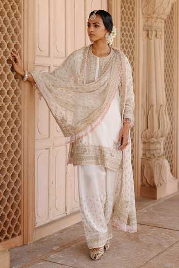 Sheetal Batra_Ivory , Chanderi, Satin, Ansha Short Embroidered Kurta Salwar Set _at_Aza_Fashions