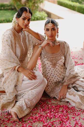 Shop_Sheetal Batra_Ivory , Chanderi, Satin, Ansha Short Embroidered Kurta Salwar Set 
