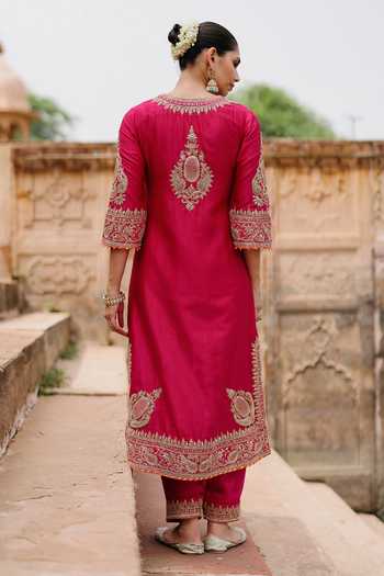 Shop_Sheetal Batra_Pink , Chanderi, Satin, Organza Arwa Embroidered Long Kurta Salwar Set _at_Aza_Fashions