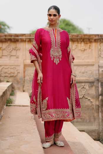 Shop_Sheetal Batra_Pink , Chanderi, Satin, Organza Arwa Embroidered Long Kurta Salwar Set _Online_at_Aza_Fashions