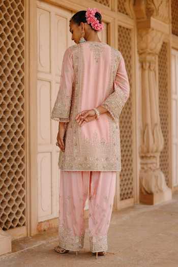 Shop_Sheetal Batra_Pink , Chanderi, Satin, Elaya Embroidered Short Kurta Salwar Set _at_Aza_Fashions