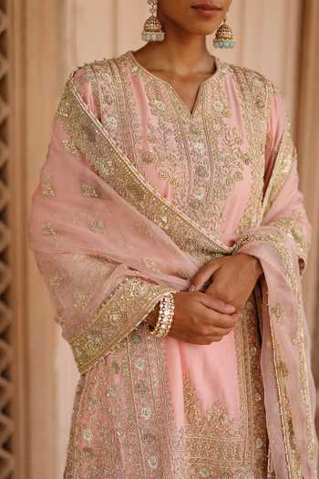 Sheetal Batra_Pink , Chanderi, Satin, Elaya Embroidered Short Kurta Salwar Set _at_Aza_Fashions