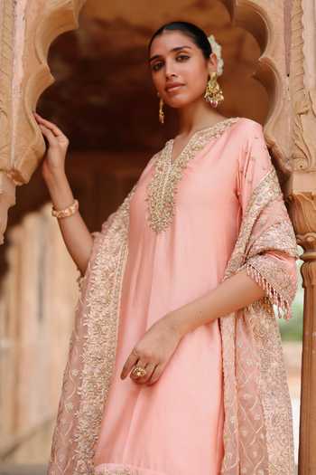 Sheetal Batra_Pink Chanderi , Satin, Maham Embroidered Short Anarkali Salwar Set _at_Aza_Fashions