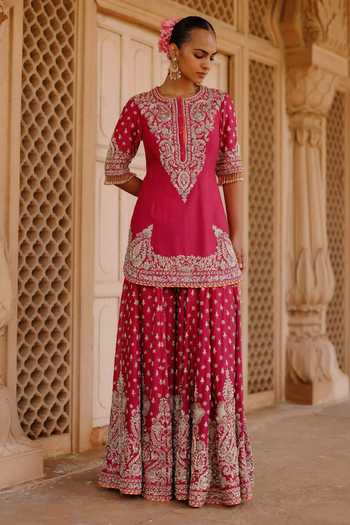 Sheetal Batra_Pink , Chanderi, Organza Round Maysam Embroidered Kurta Sharara Set _Online_at_Aza_Fashions