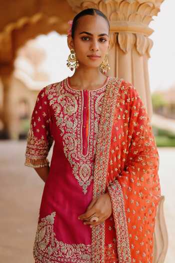 Buy_Sheetal Batra_Pink , Chanderi, Organza Round Maysam Embroidered Kurta Sharara Set _Online_at_Aza_Fashions