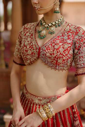 Shop_Sheetal Batra_Red , Organza V-neck Roha Embroidered Bridal Lehenga Set _Online_at_Aza_Fashions