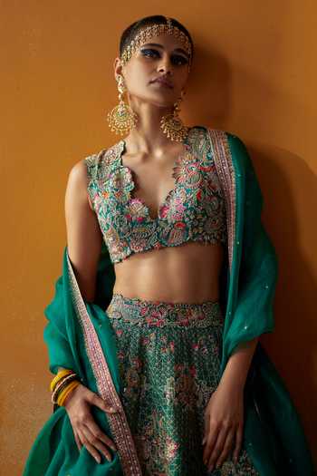 Buy_Mrunalini Rao_Green Silk, Organza Embroidery Plunge Neck Mudra Raw Bridal Lehenga Set _at_Aza_Fashions