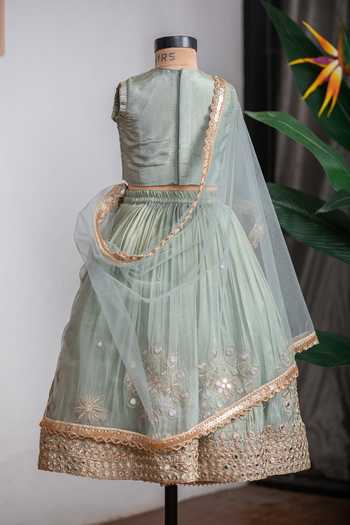 Lil Angels_Green Silk Mirror Work Lehenga Set _Online