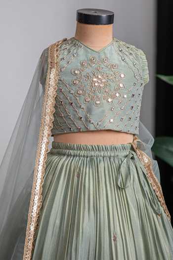 Buy_Lil Angels_Green Silk Mirror Work Lehenga Set _Online