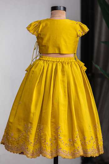 Shop_Lil Angels_Mustard Silk, Muslin Dori Lehenga Set _at_Aza_Fashions