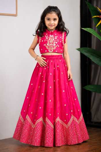 Buy_Lil Angels_Pink Silk Temple Embroidered Lehenga Set _at_Aza_Fashions