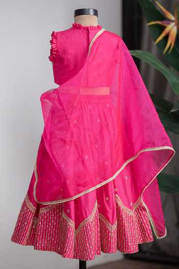 Shop_Lil Angels_Pink Silk Temple Embroidered Lehenga Set _Online_at_Aza_Fashions