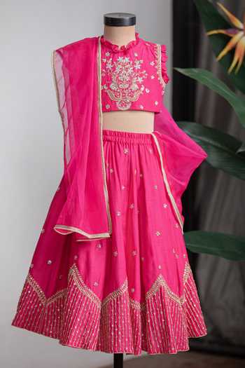 Shop_Lil Angels_Pink Silk Temple Embroidered Lehenga Set _at_Aza_Fashions