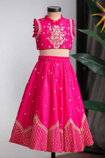 Buy_Lil Angels_Pink Silk Temple Embroidered Lehenga Set 