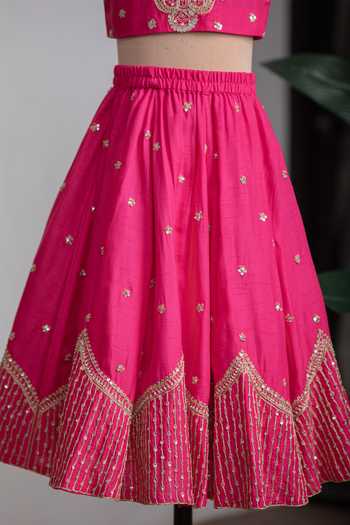 Lil Angels_Pink Silk Temple Embroidered Lehenga Set _Online