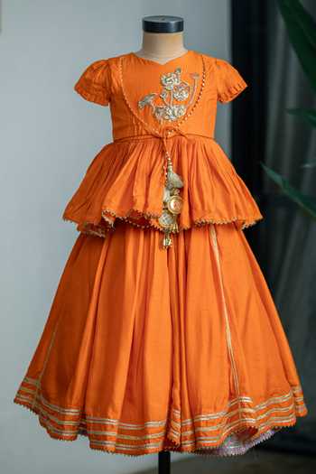 Shop_Lil Angels_Orange Silk Lotus Embroidered Lehenga Set _at_Aza_Fashions