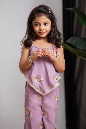 Lil Angels_Purple Chanderi Top And Pant Set _Online_at_Aza_Fashions