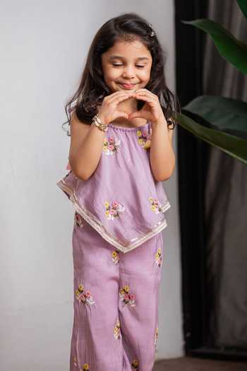 Buy_Lil Angels_Purple Chanderi Top And Pant Set _Online_at_Aza_Fashions