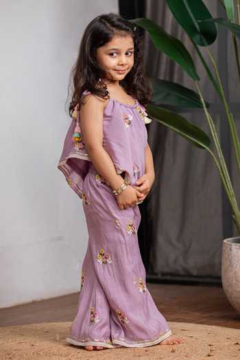 Lil Angels_Purple Chanderi Top And Pant Set _at_Aza_Fashions