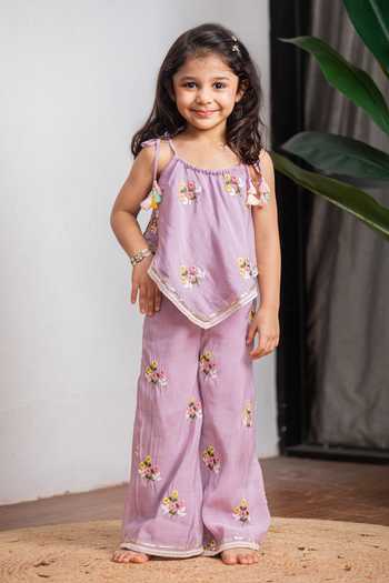 Buy_Lil Angels_Purple Chanderi Top And Pant Set 